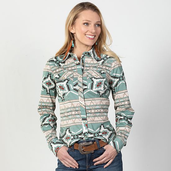 Rock & Roll Cowgirl Aqua Aztec Top