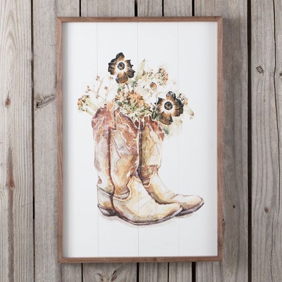 Brown Boots with Flowers Wood Framed Wall Art