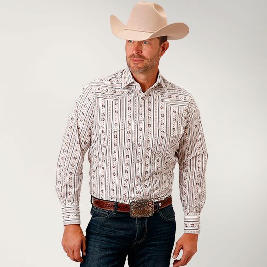 Roper Brown and Blue Wallpaper Stripped Snap Shirt