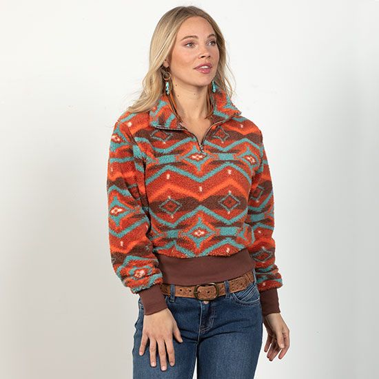 Rock & Roll Cowgirl Burnt Orange Aztec Pullover