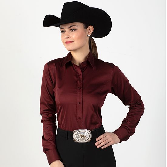 Faux Button Zip Stretch Sateen Burgundy Show Top