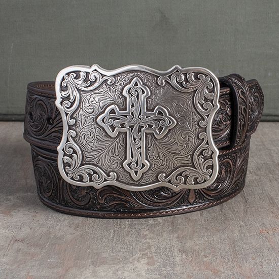 Nocona Brown Tooled Cross Belt