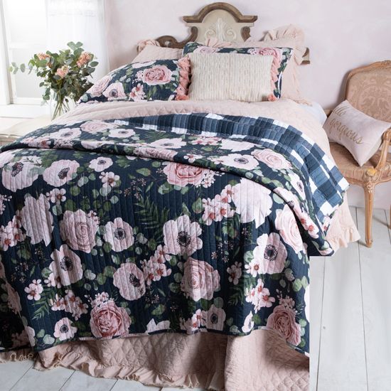 Country Grace Navy and Dusty Pink Vintage Floral Quilt Set Collection