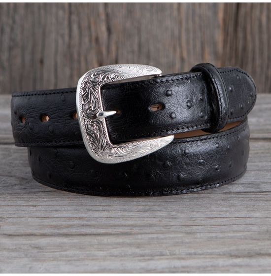 Black Ostrich Leather Belt Strap - 1 1/4 > 1 Taper