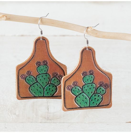 Leather Cactus Cattle Tag Earrings