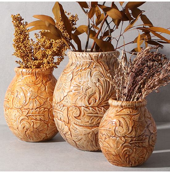 Paseo Road by Hiend Chestnut Tooled Leather Vases