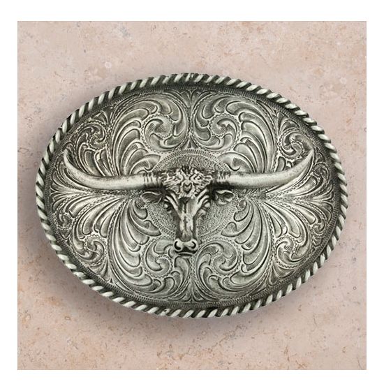 Longhorn Steer Head Western Rope Belt Buckle with Sterling Silver Finish