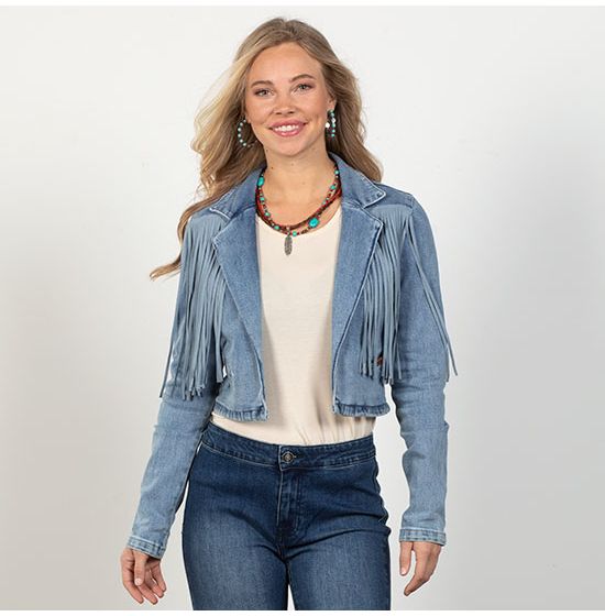 Rock & Roll Cowgirl Cropped Denim Fringe Blazer