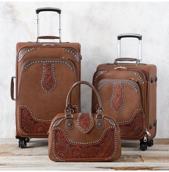 Montana West Brown Tooled 3 Piece Luggage Set