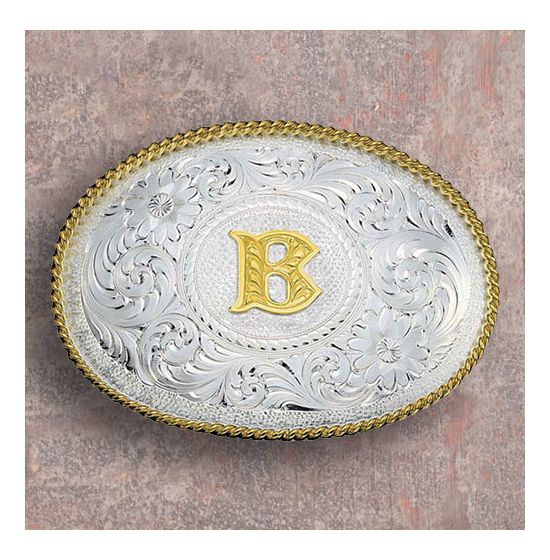 Initial Silver Engraved Gold Trim Western Belt Buckle by Montana  Silversmiths