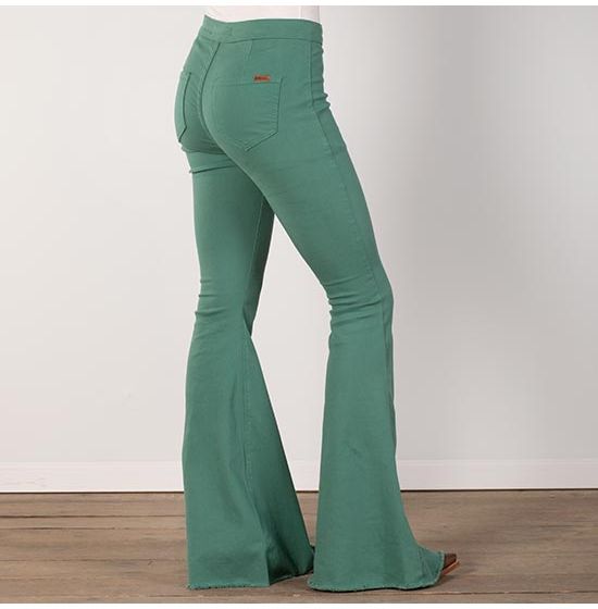 Rock & Roll Cowgirl Bargain Button Bell High-Rise Green Flare Jeans