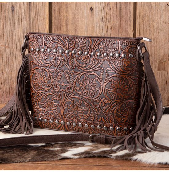 Trinity Ranch Coffee Floral Tooled Crossbody Bag