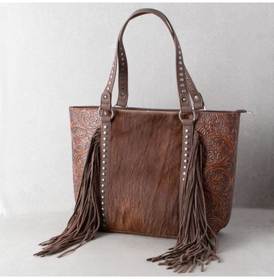 Trinity Ranch Brown Floral Tooled Cowhide Tote