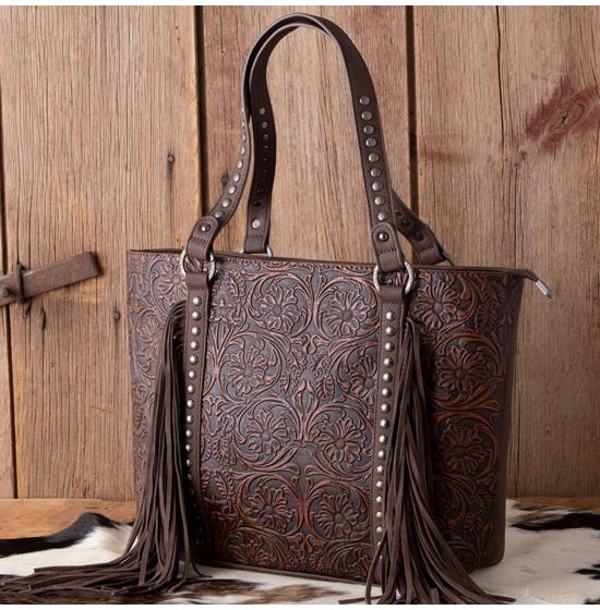 Trinity Ranch Coffee Floral Tooled Tote
