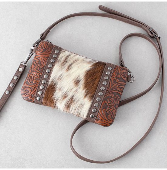 Trinity Ranch Brown Floral Tooled Hair-On Cowhide Clutch Handbag