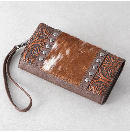 Trinity Ranch Brown Hair-On Cowhide Floral Tooled Wallet