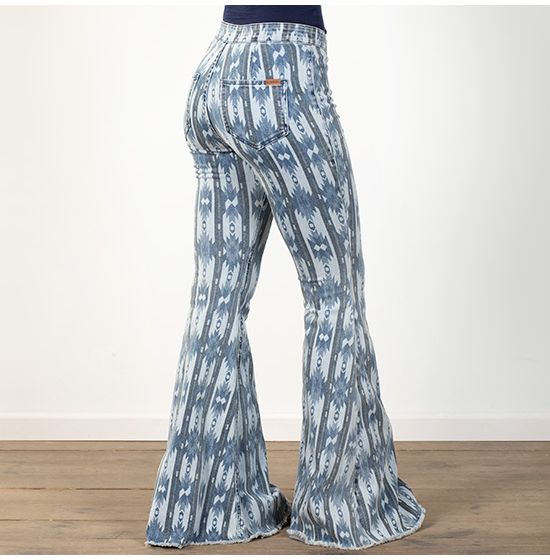 Rock & Roll Button Bargain Bell High-Rise Bell Bottom Blue Aztec Jeans