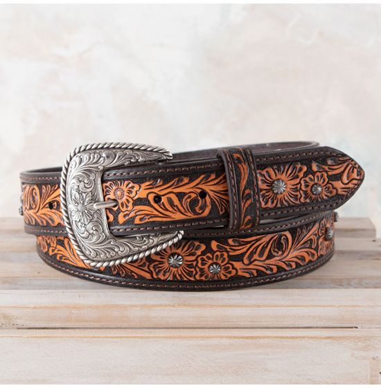 Roper Brown Tooled Flower Belt