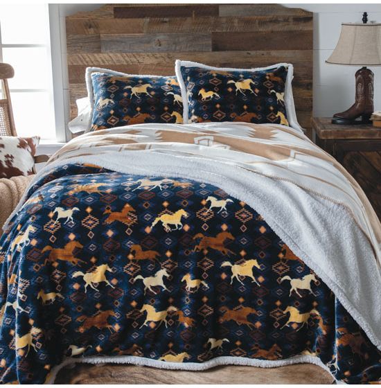 Wild and Free Horses Navy Fleece Comforter Collection