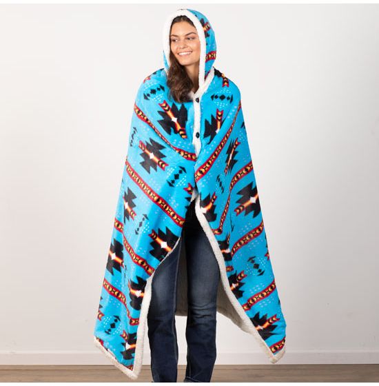 Aztec Turquoise Hooded Fleece Sherpa Throw Blanket