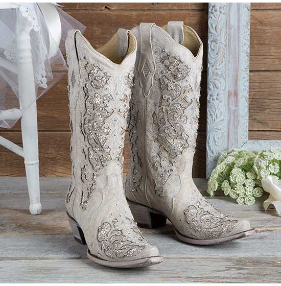 Corral Women's Martina White Glitter Inlay Cowgirl Boots - A3322 - Size 7