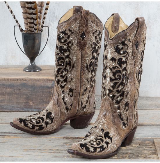 Corral Brown Inlay Floral Embroidery and Studs Boots
