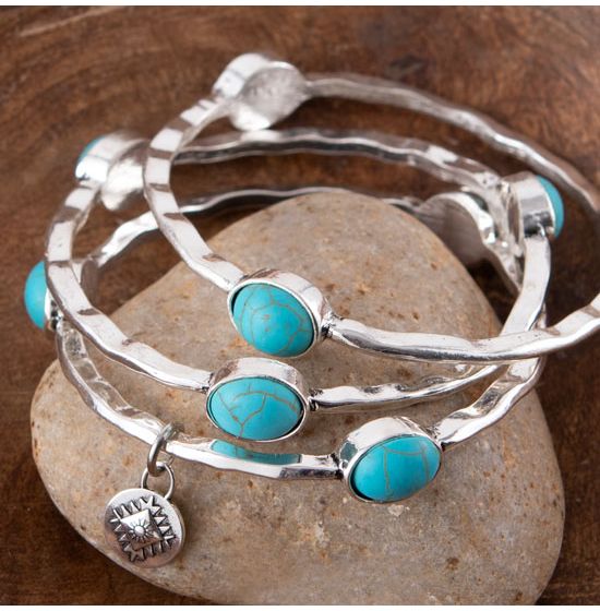 Silver Bangles with Turquoise Set of 3
