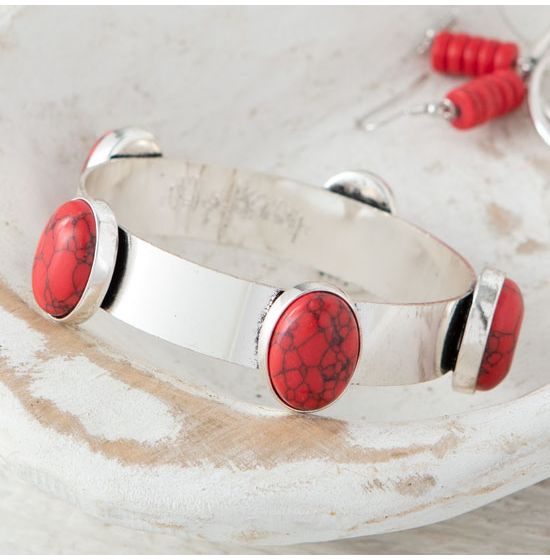 Red Oval Silver Bangle