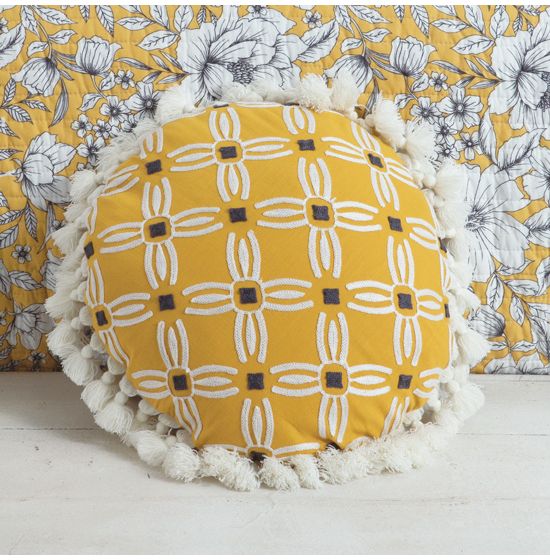 Country Grace Adobe Floral Yellow Round Embroidered Fringe Pillow 