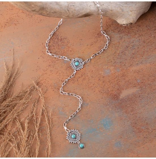 Silver Chain Lariat Necklace with Turquoise Accent