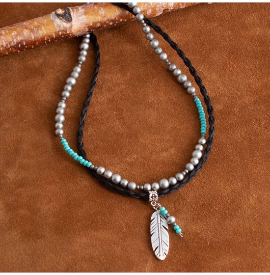 Turquoise Feather Horse Hair Layered Necklace