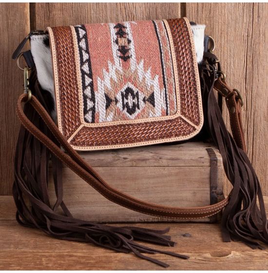 Tooled Leather Cowhide Flap Fringe Purse