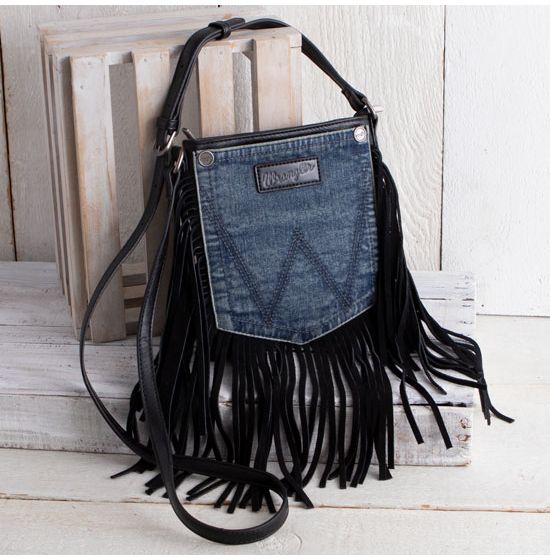 Wrangler Denim Jean Pocket Crossbody Bag with Black Fringe