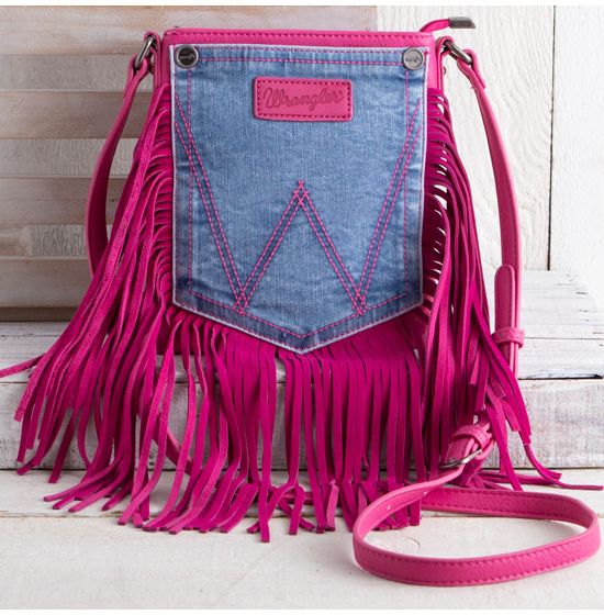 Wrangler Denim Pocket Crossbody Bag with Hot Pink Leather Fringe