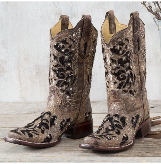 Corral Brown and Black Glitter Inlay Boots
