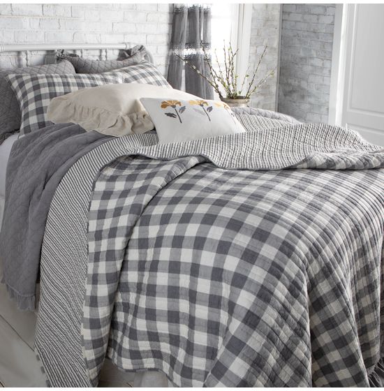 Country Grace Soft Grey Buffalo Check Reversible Quilt Set Collection