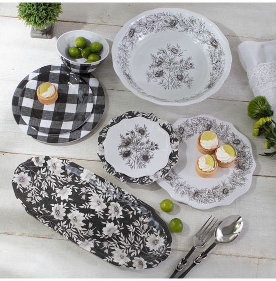 Country Grace Farmhouse Botanical Black and White Melamine Dinnerware  Collection