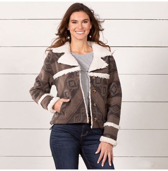 Cruel Girl Sherpa Trimmed Aztec Trucker Jacket