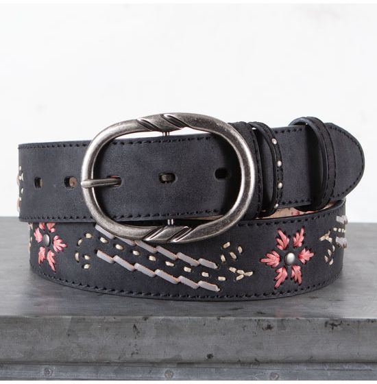 Black Distressed Embroidered Flower Belt