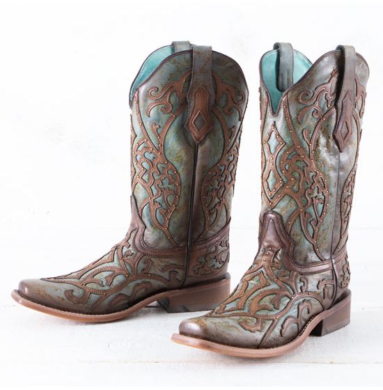 Corral Turquoise and Brown Embroidered Overlay Boots