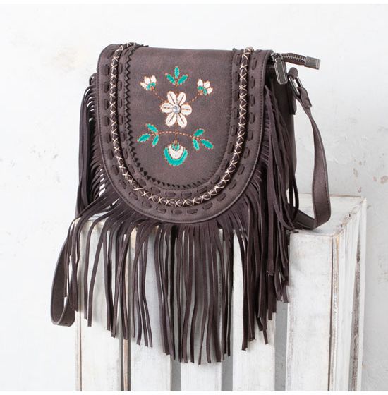 Wrangler Chocolate Fringe Floral Crossbody Bag