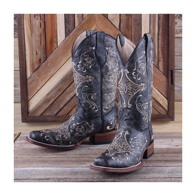 Circle G Ladies Black Embroidery Square Toe Boots