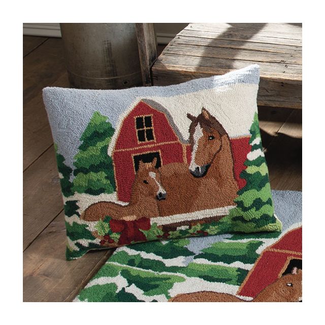 Horse Christmas Wreath 18" Hooked Wool Pillow 